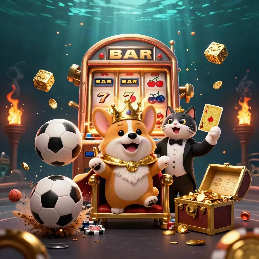 Royal corgi and cat butler amid flying balls, chips, gold, and slot-machine bursts.