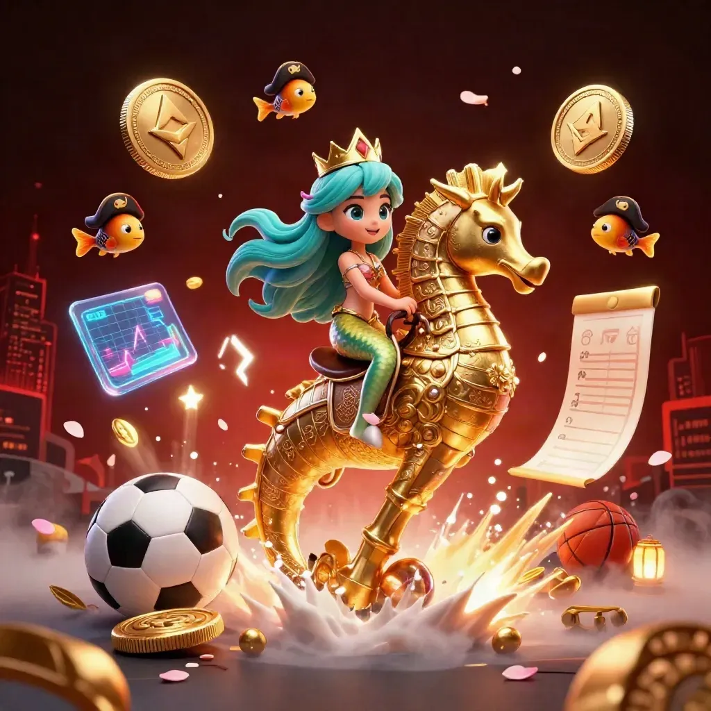 Mermaid princess on a gold seahorse amid crypto coins, sports balls, and neon casino glow.