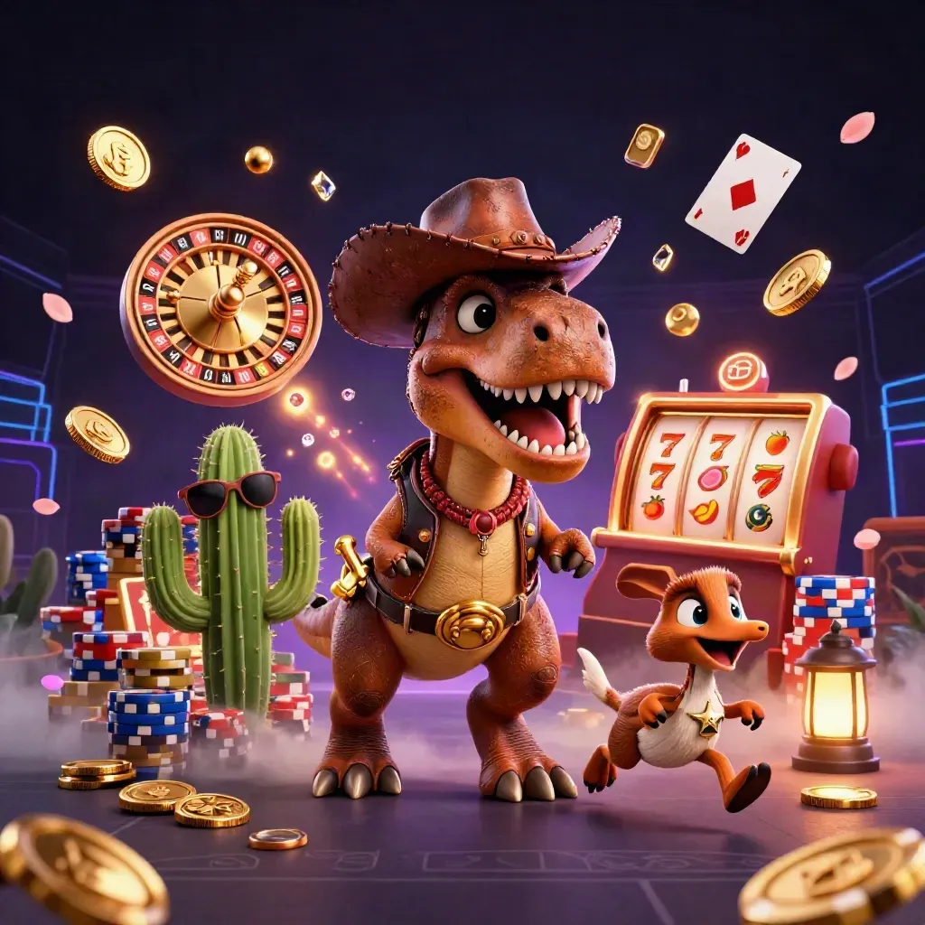 Cowboy T-Rex trio amid gold coins, roulette, chips, and neon casino energy