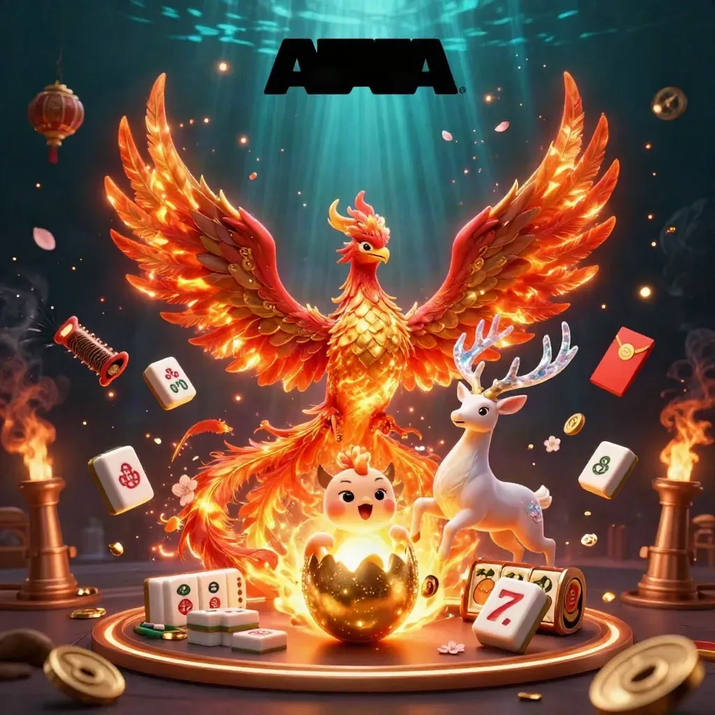 Fire phoenix, baby phoenix, crystal stag, and casino symbols burst through bronze light.