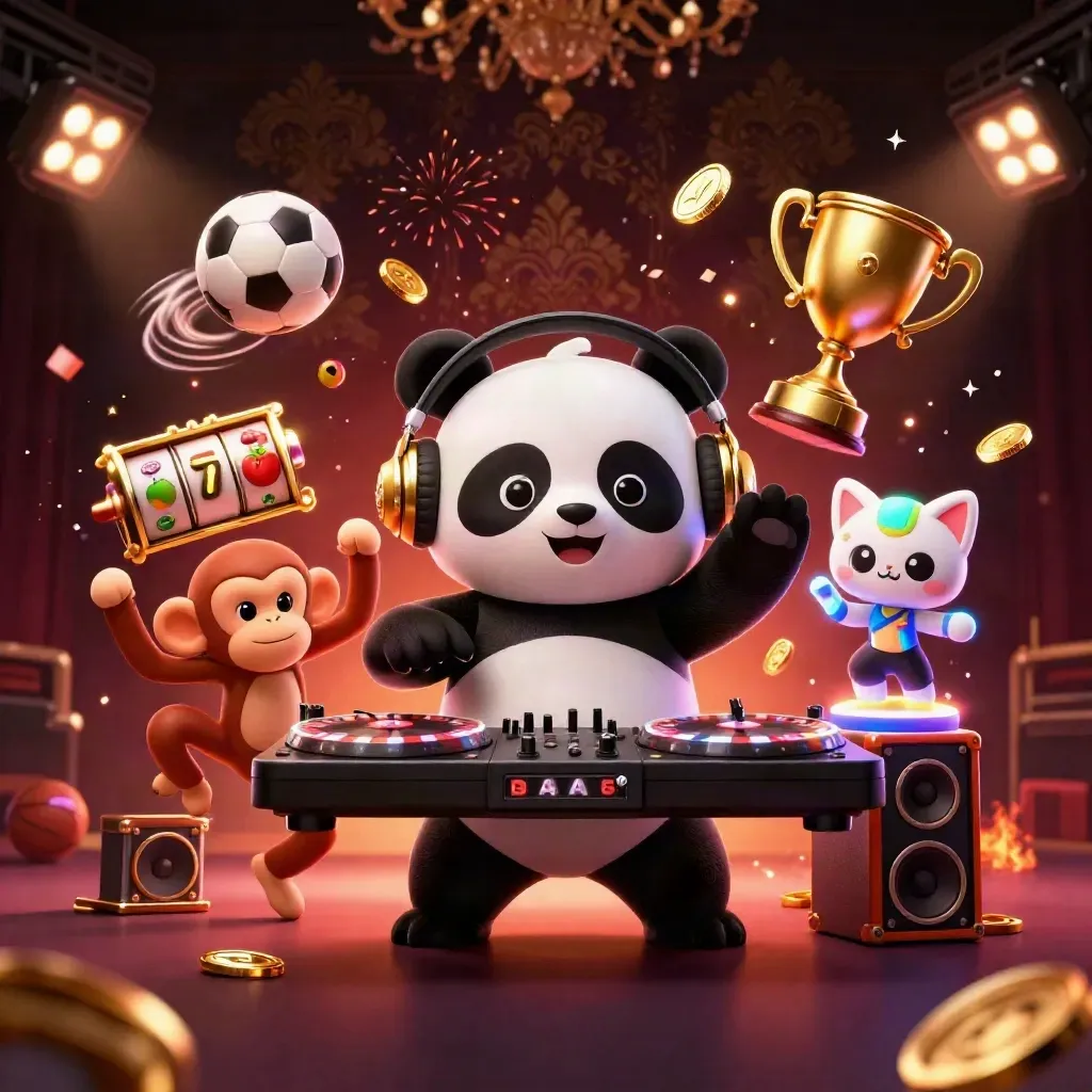Panda DJ, dancing monkey and rave kitten amid coins, sports balls, reels and casino lights.