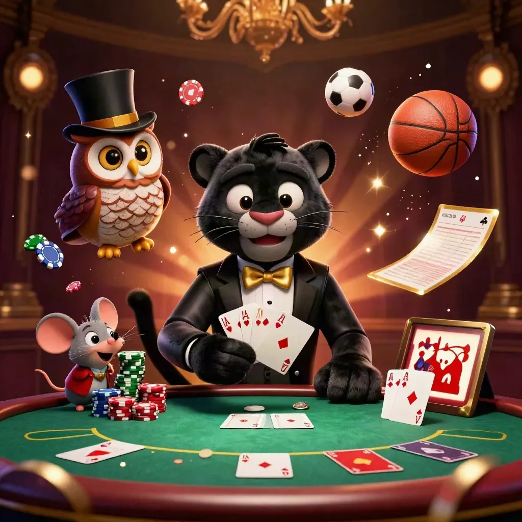 Panther, owl and mouse at a glowing casino poker table with chips, cards, ball and bokeh.