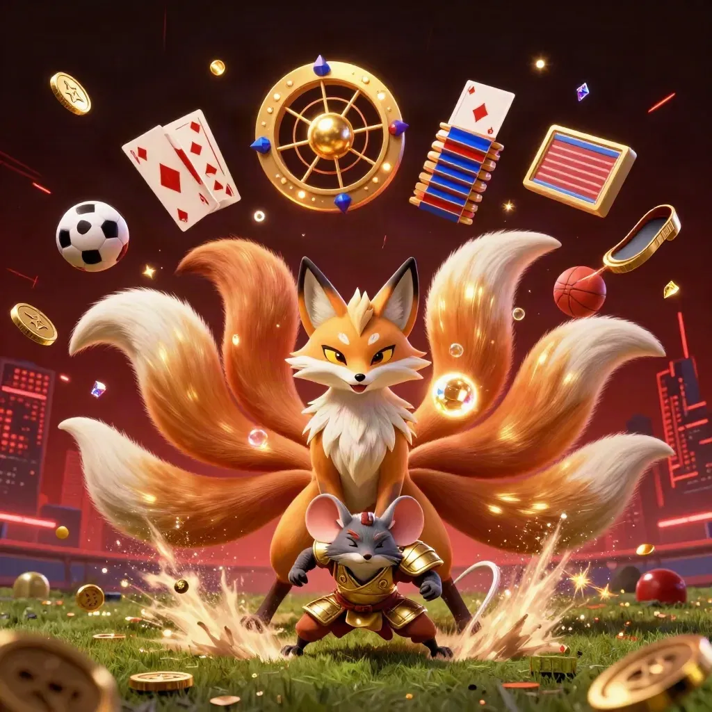 Bronze fox spirit and golden mouse amid rugby-scrum turf burst, coins, chips, roulette, and neon glow.