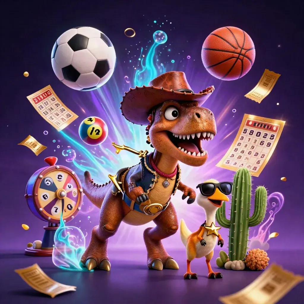Cowboy T-Rex, cactus sidekick, and roadrunner burst amid casino lights, balls, and a prize wheel.