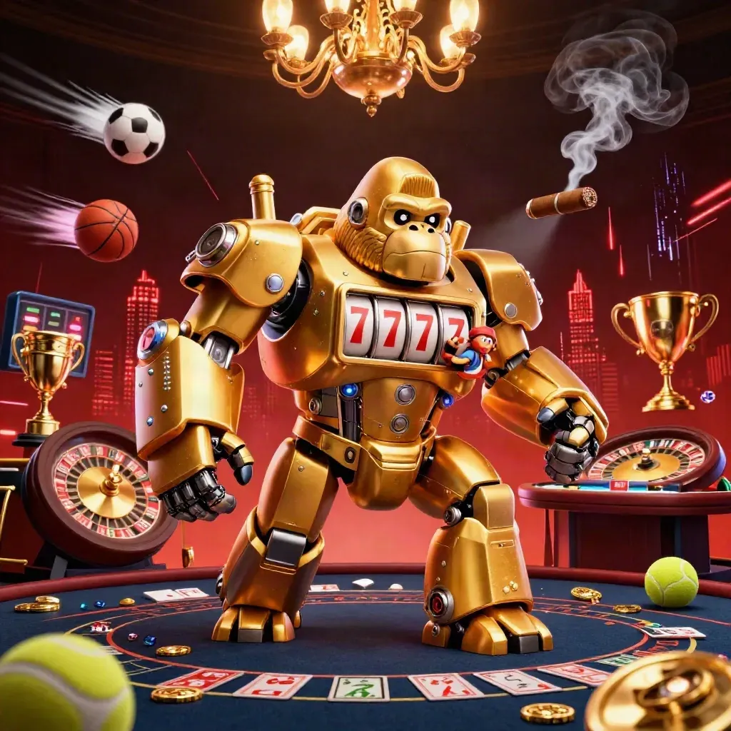 Golden gorilla slot mech with monkey pilot amid casino lights, balls, coins, trophy and roulette.