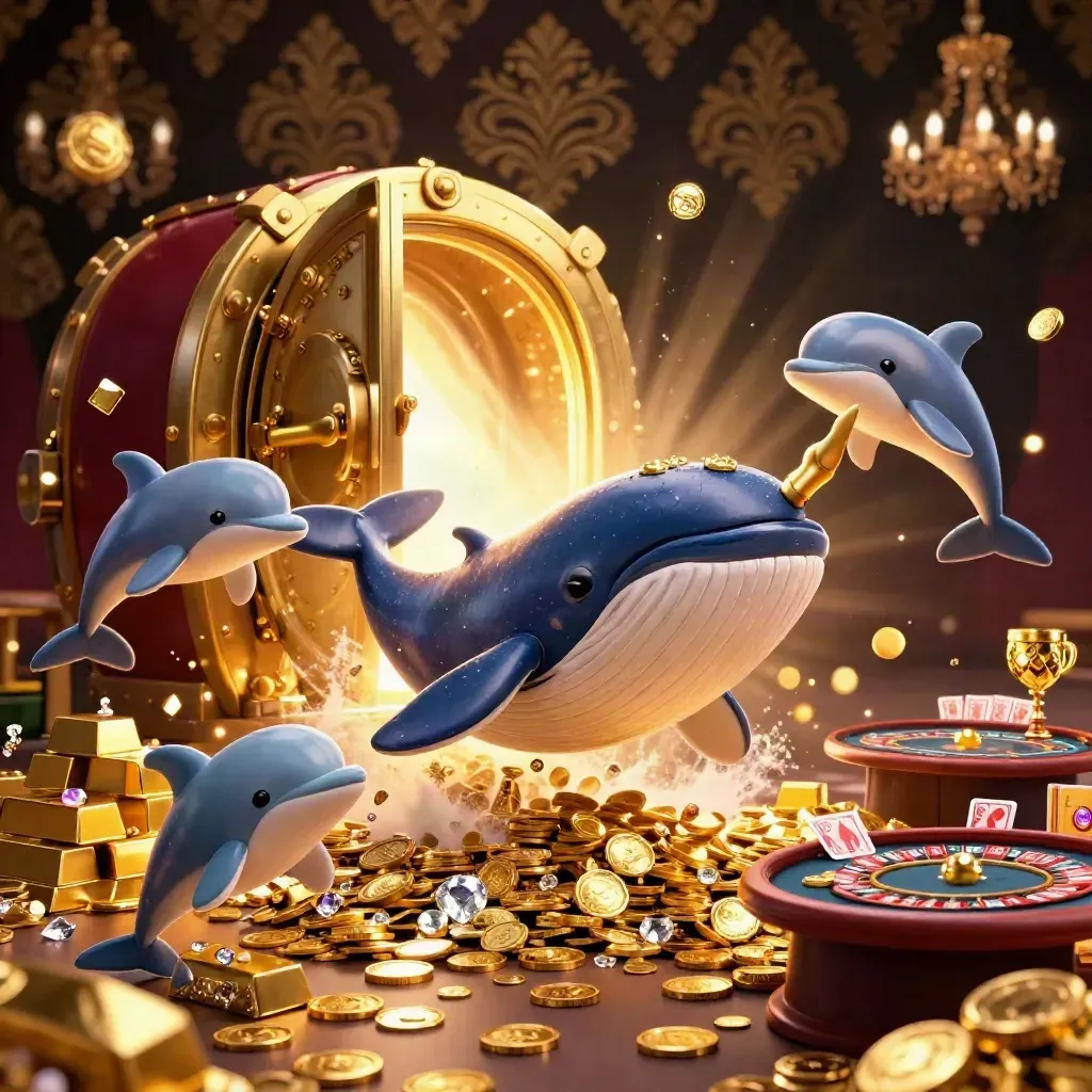 Whale captain, narwhal, and dolphins in a luxe casino burst of gold and light.