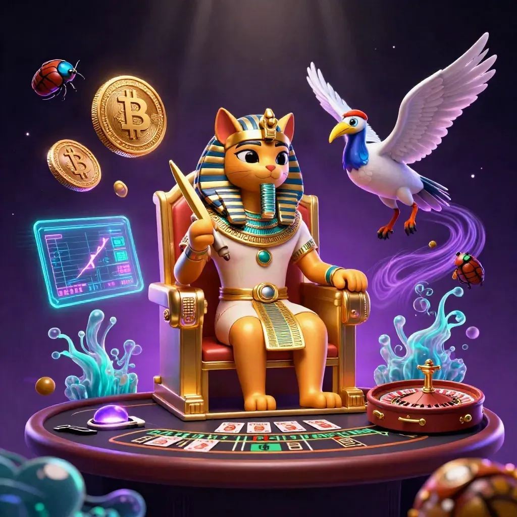 Pharaoh cat, ibis scribe, and scarab beetles amid neon coins in a luxe cosmic casino scene.