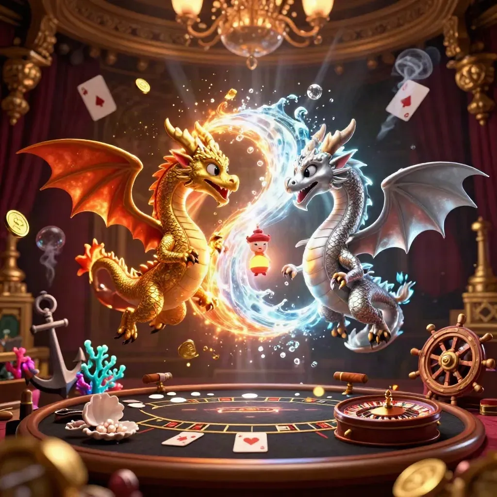 Two gold and silver dragons form a yin-yang over casino treasure and glowing coral.