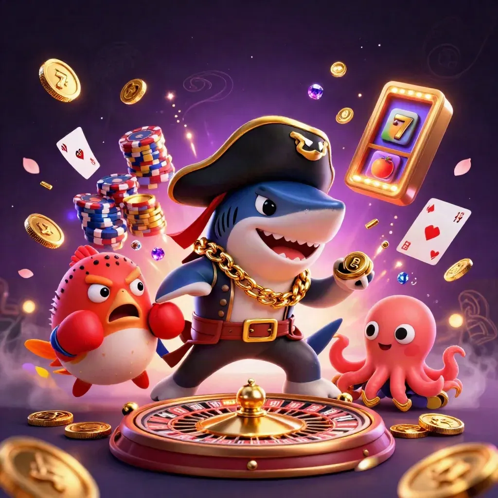 Pirate shark, pufferfish, and baby octopus amid coins, gems, chips, and casino magic.