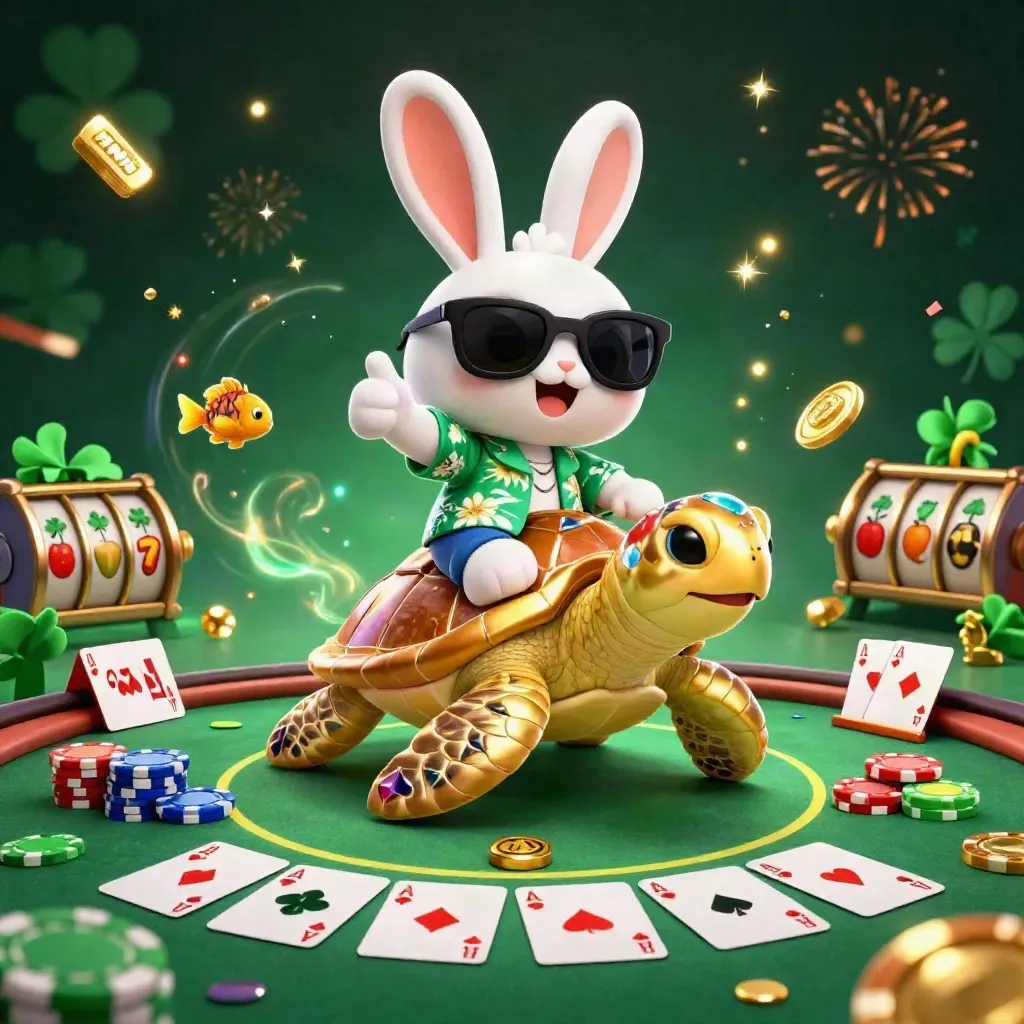 Lucky rabbit rides a golden sea turtle amid poker chips, cards, confetti and casino glow.
