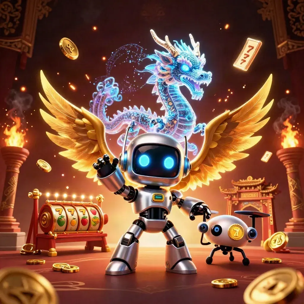 Cyberpunk robot, holographic dragon, and coin drone amid bronze-gold casino magic and temple sparks.