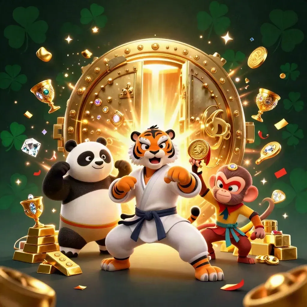 Tiger, panda, and monkey raid a treasure vault amid gold, gems, and bronze casino glow.