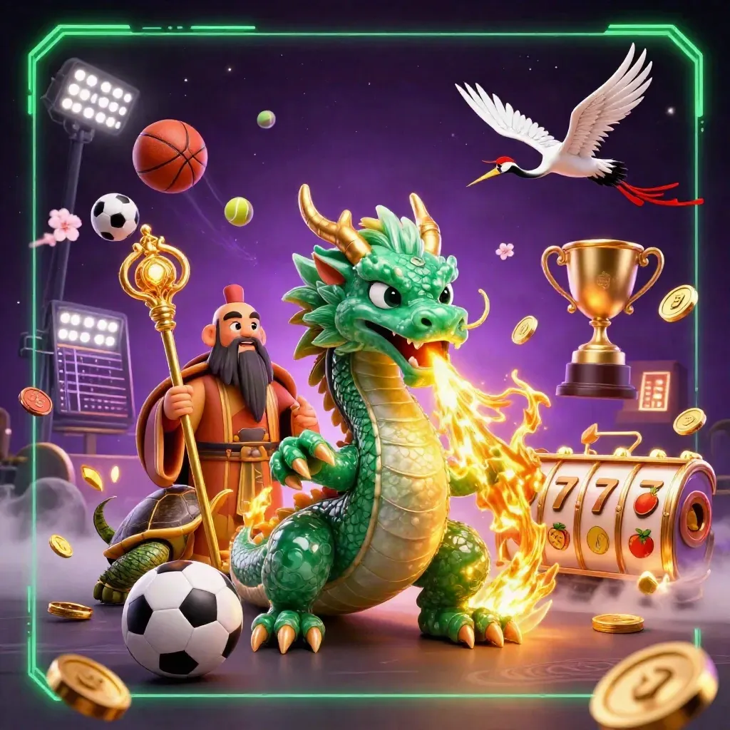 Emerald dragon, turtle sage, and ribbon cranes amid casino bursts, coins, sports balls, and glowing temple magic