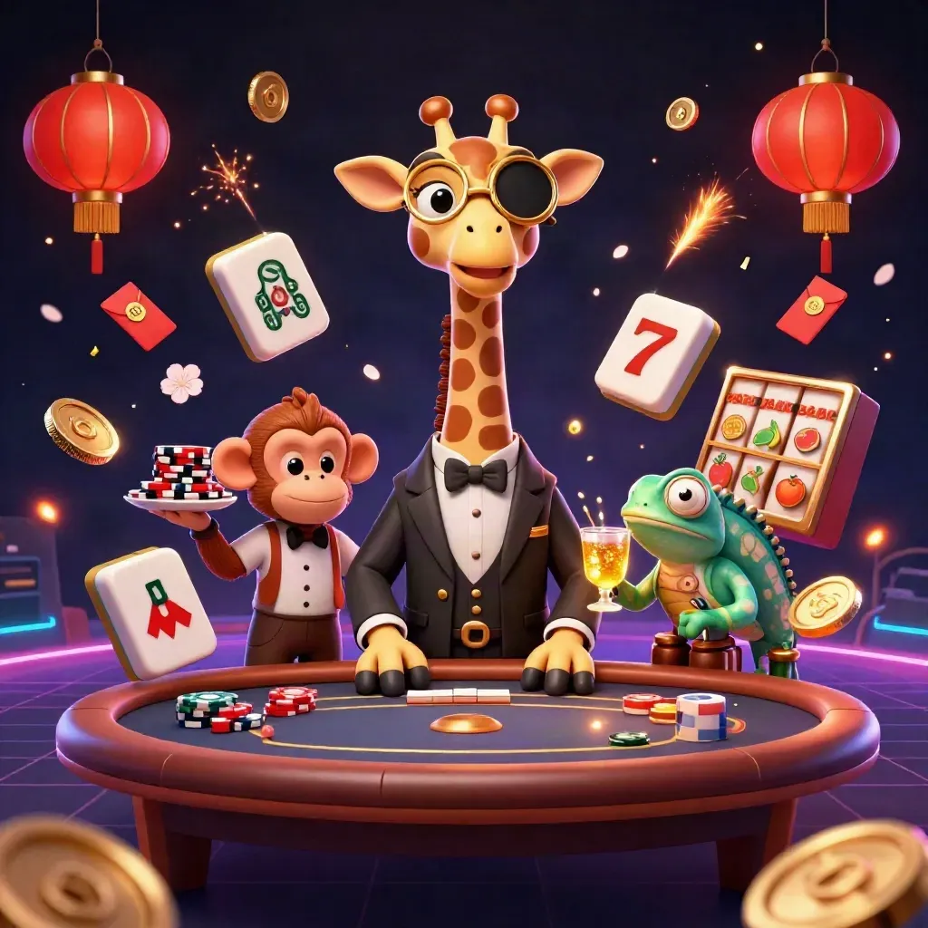 Three casino animals at a poker table amid coins, lanterns, and glowing game effects