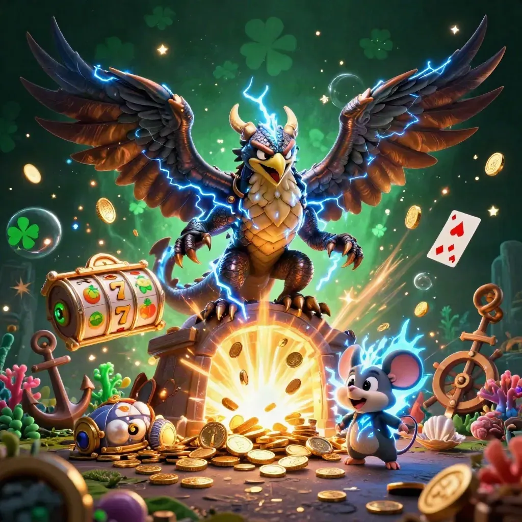 Thunder dragon, wind hawk, and static mouse amid coins, coral, reels, and fireworks.