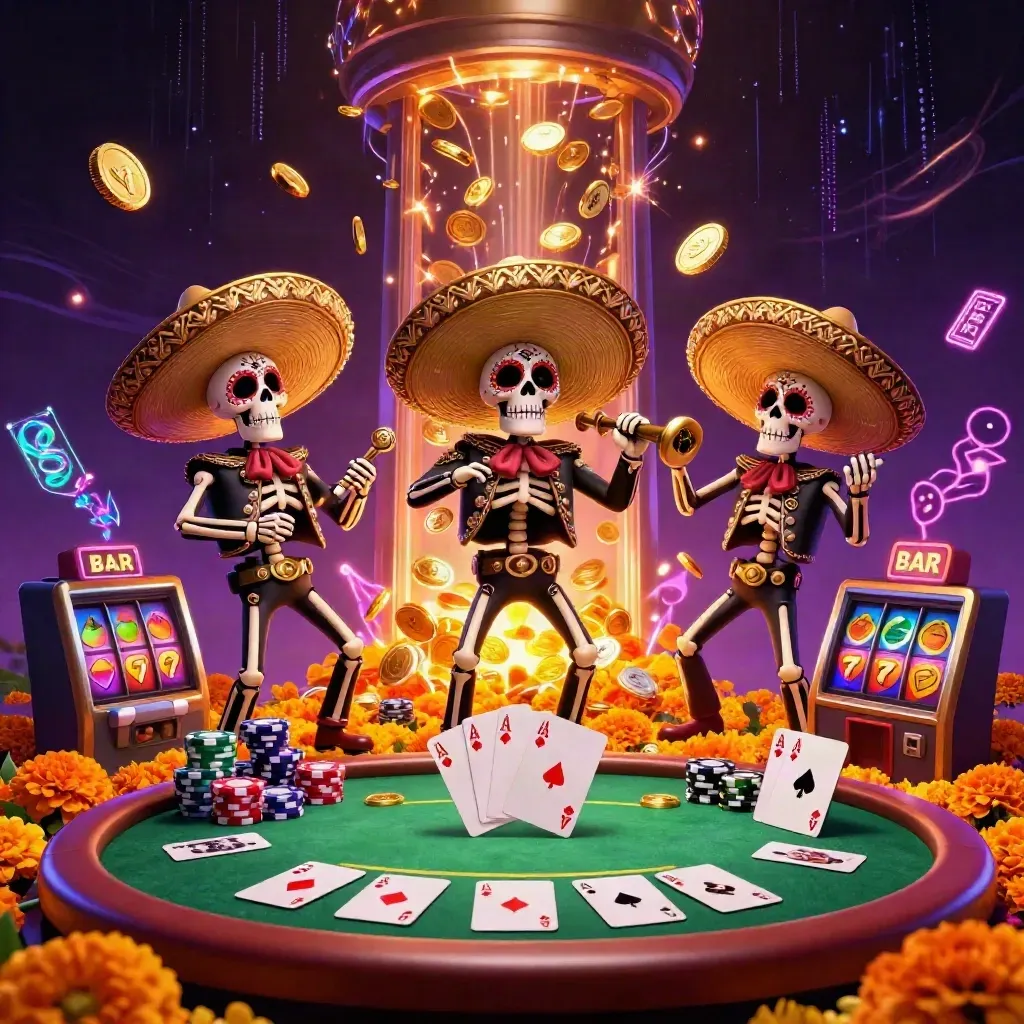 Skeleton mariachi trio amid bursting coins, poker chips, slot reels and fireworks in luxe bronze casino glow.