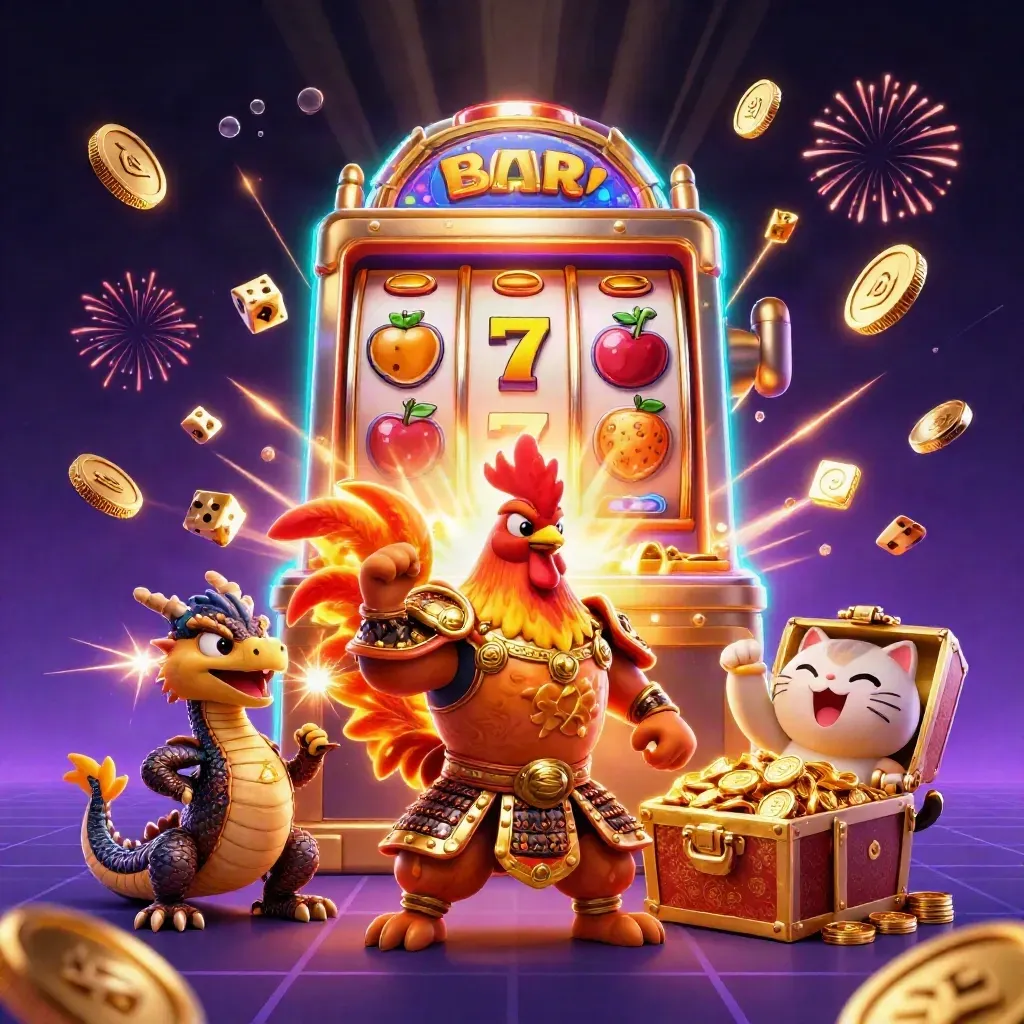Rooster samurai, spark-breathing dragon hatchling, fortune-cat amid bursting slots and gold.