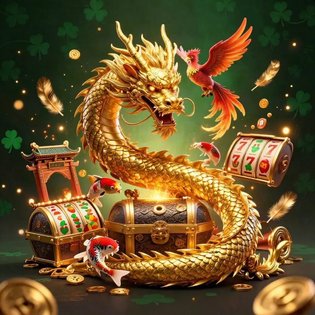 Golden dragon, phoenix and koi burst around a treasure chest with reels, coins and casino glow.