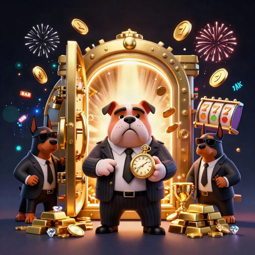 Bulldog boss and bodyguards before a bursting gold vault, coins, gems, and slot symbols flying