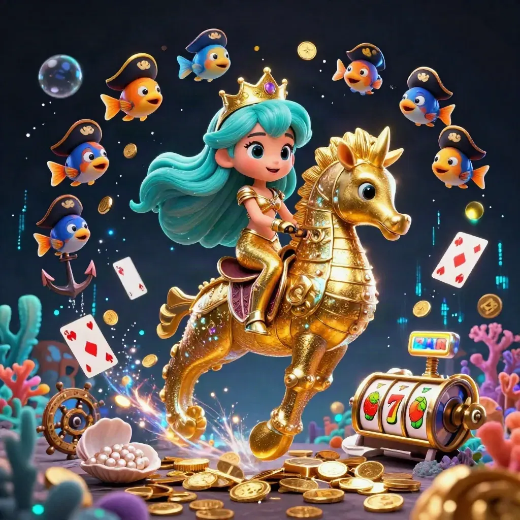 Mermaid princess rides armored seahorse amid coins, coral, cards, and casino symbols.
