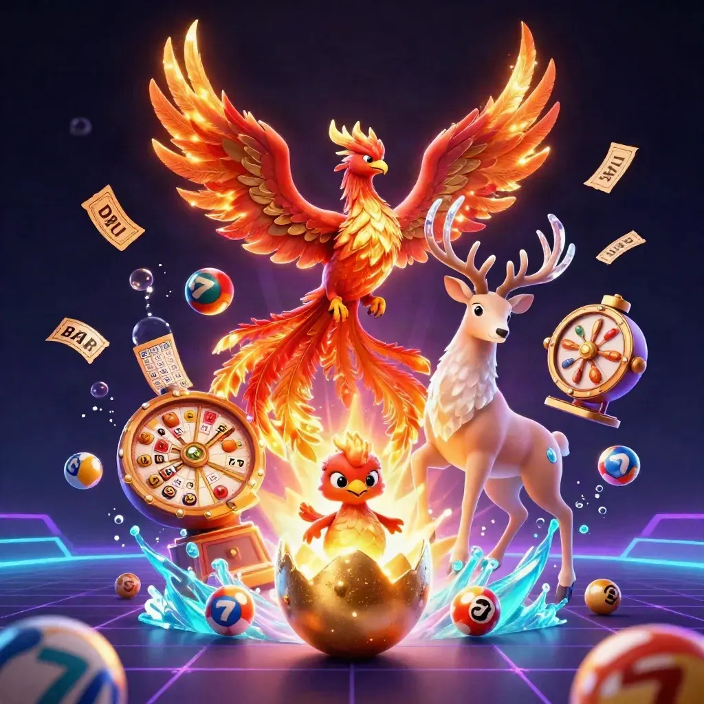 Phoenix, hatchling and stag amid casino symbols in bronze-gold neon light.