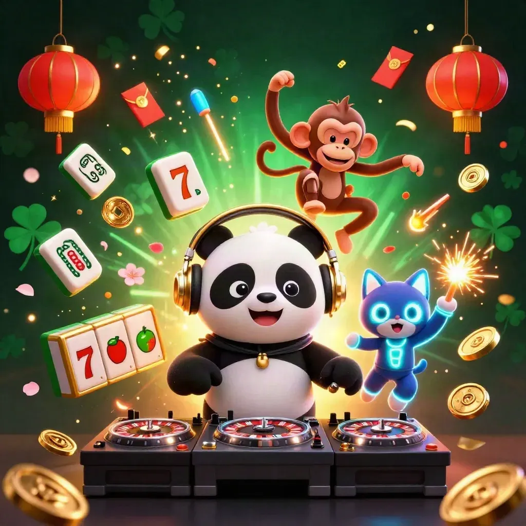 DJ panda, monkey, and glow kitten in a casino rave with reels, lanterns, and gold effects