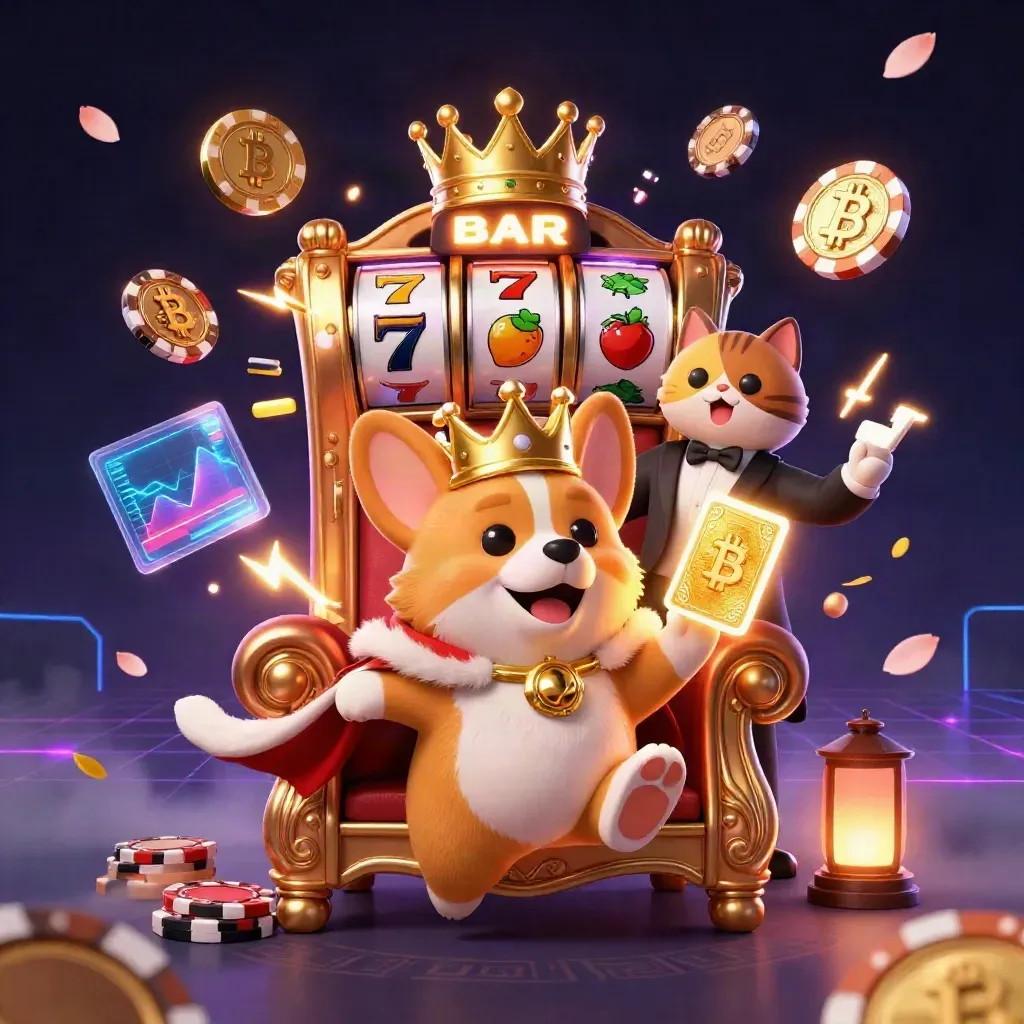 Royal corgi and cat butler on a chip throne with slot reels, coins, and neon casino effects.