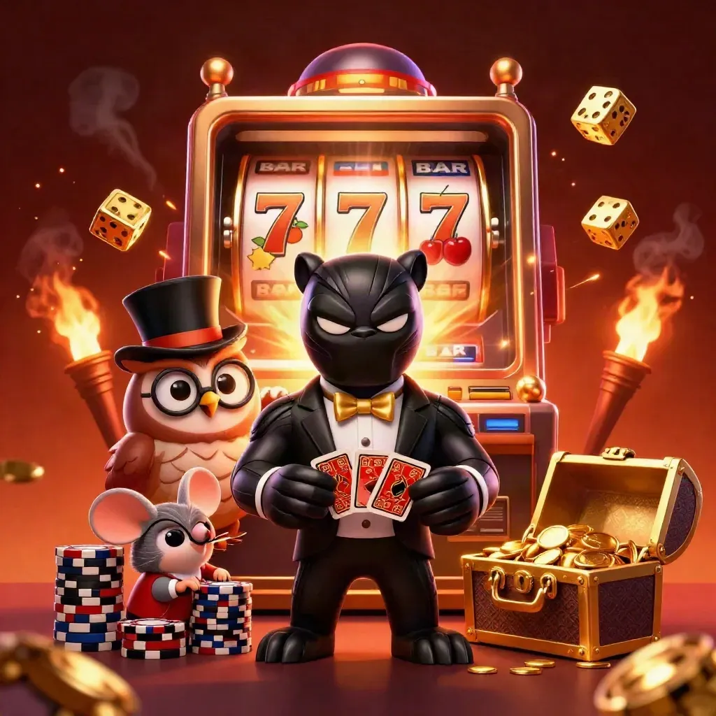 Panther, owl and mouse crowd a jackpot slot machine amid gold cards, dice and embers.