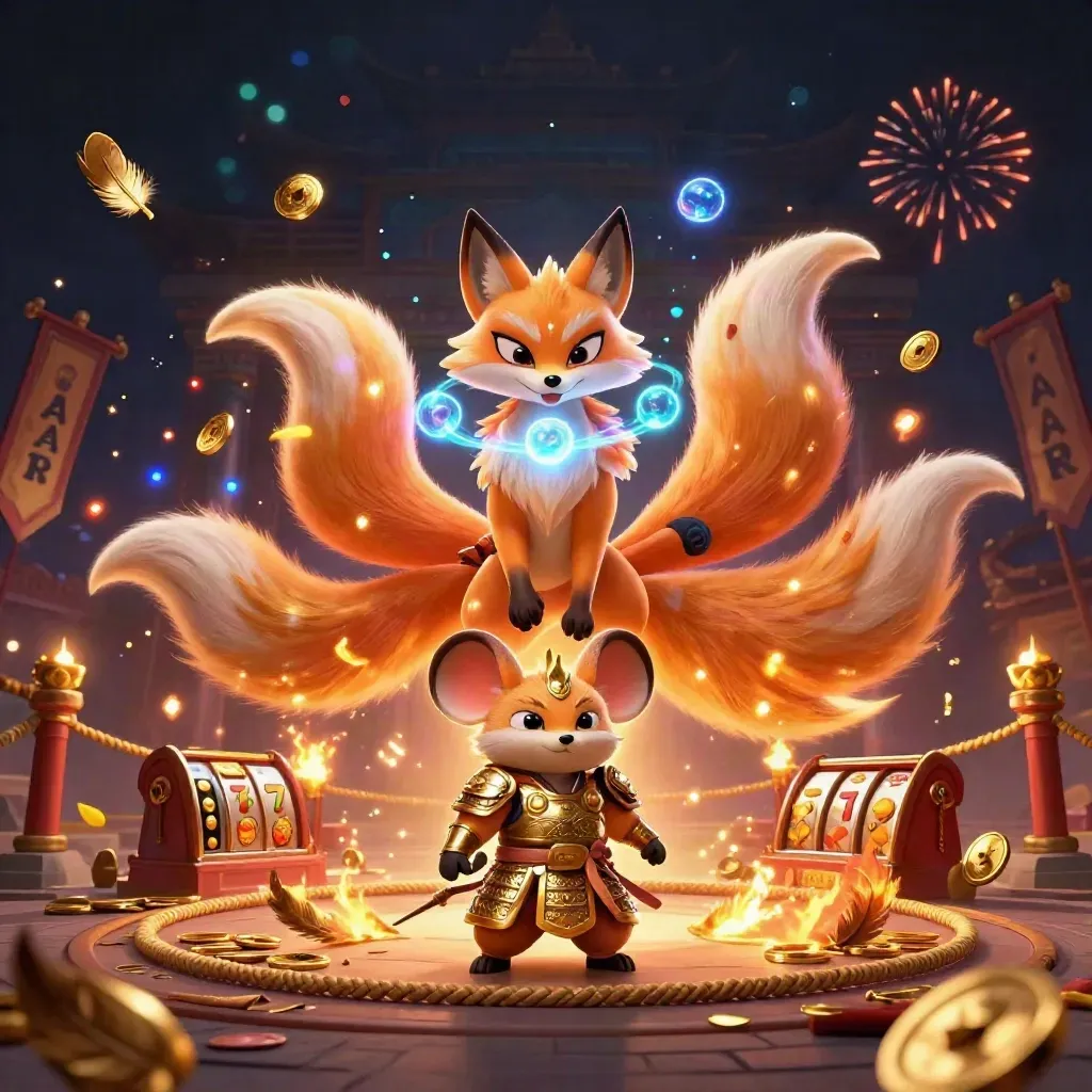 Fox spirit and samurai mouse amid casino magic, coins, reels, and fireworks.