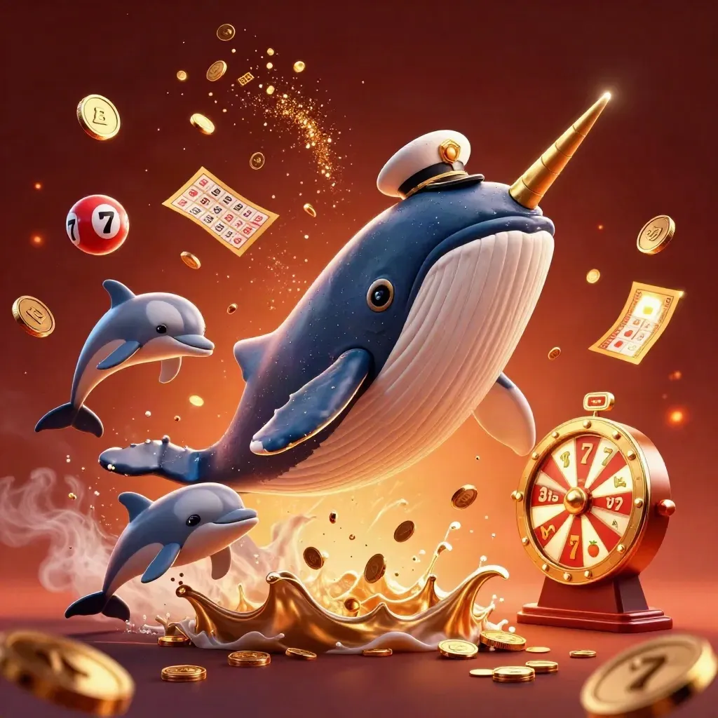 Captain whale, narwhal, and dolphins amid coins, lottery balls, reels, and bronze casino glow